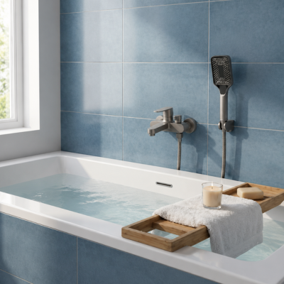 mitigeur-baignoire-gris-canon-sur-mur-de-céramique-bleu