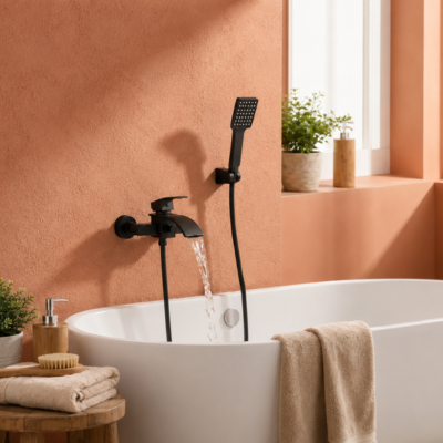 mitigeur-baignoire-mural-noir-sur-un-mur-de-plâtre-orangé