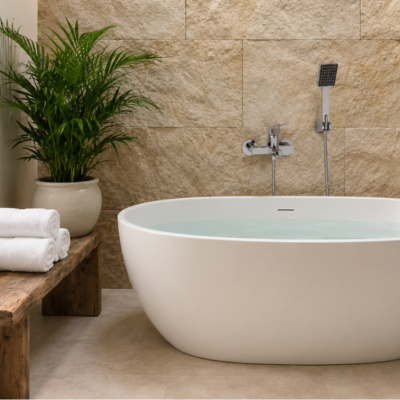 mitigeur-baignoire-sur-mur-de-pierre-beige moderne