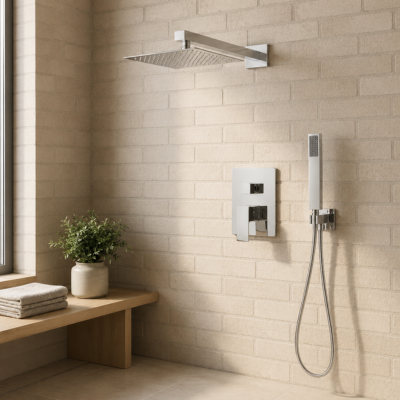 mitigeur douche a mono commande sur mur en brique beige