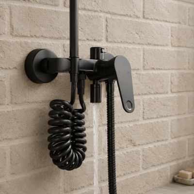mitigeur douche a une monocommande sur mur en brique beige
