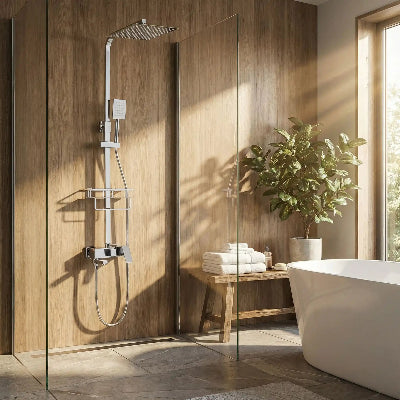 mitigeur-douche-argent-chromé-dans-une-douche-en-verre
