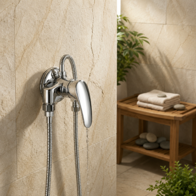 mitigeur-douche-argent-chromé-sur-un-mur-en-pierre