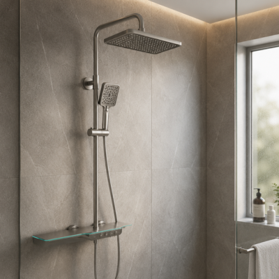 mitigeur douche gris numérique dans une douche vitré