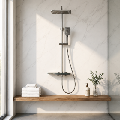 mitigeur douche gris sur mur de marbre