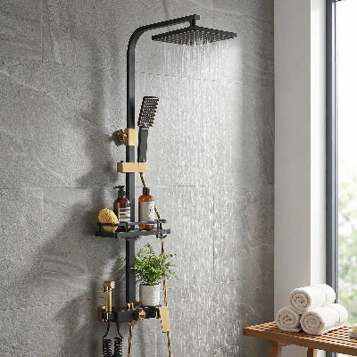 mitigeur douche noir et doré sur mur gris