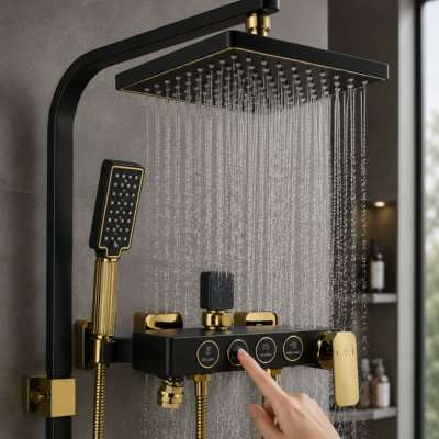 mitigeur douche noir et doré a bouton tactile avec douchette