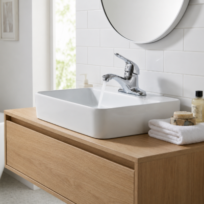 mitigeur-lavabo-argent-chromé-sur-lavabo-blanc