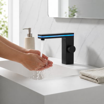 mitigeur-lavabo-moderne-avec-lumière-bleu-indiquant-la-tempéreture