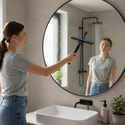 Nettoyage de miroir avec raclette télescopique en caoutchouc antidérapante  