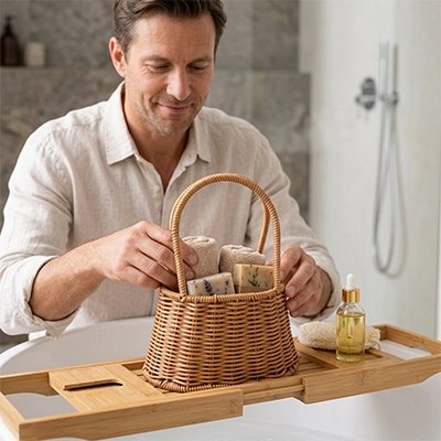 Panier de rangement en osier tressé avec poignée de transport