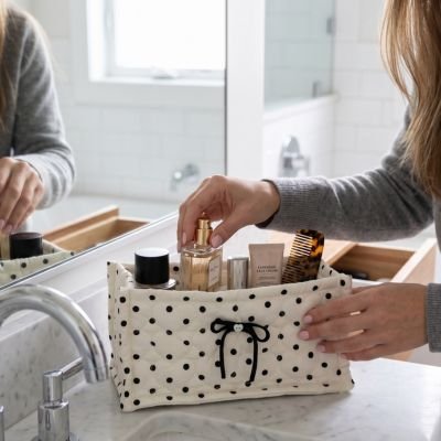 Panier de rangement salle de bain blanc à pois noirs 