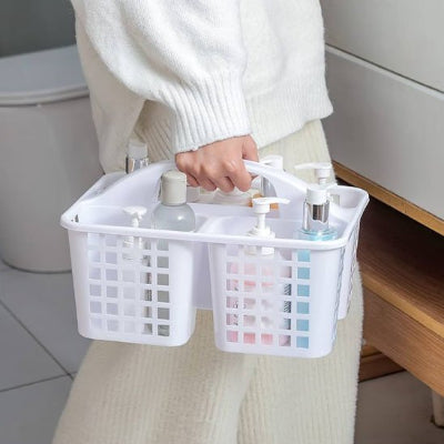 panier de rangement salle de bain blanc avec plusieurs compartiments 