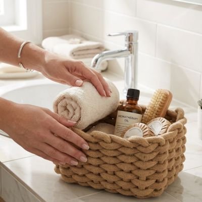 Panier de rangement salle de bain texture artisanale et robuste