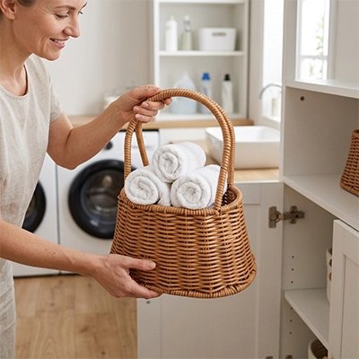 Panier en osier contenant des serviettes et produits de soin