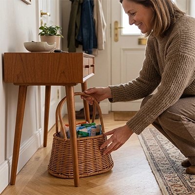 Panier en osier utilisé pour organiser les accessoires sur étagère