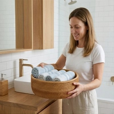 Panier tressé rond contenant des serviettes et produits de soin