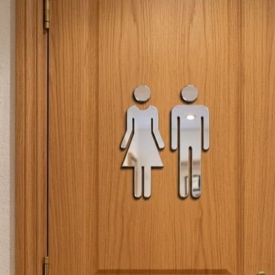 Panneau toilette argent sur porte brune