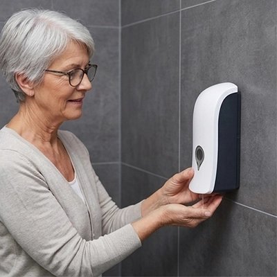 Personne utilisant un distributeur de savon mural blanc et noir