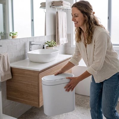 Petite poubelle ovale blanche avec couvercle automatique