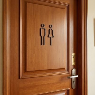 Pictogrammes WC adhésifs homme et femme sur porte en bois