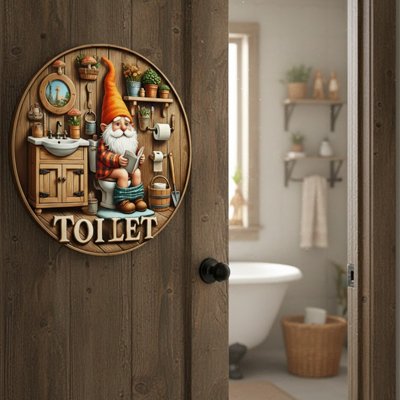 Plaque de porte TOILET style cottage avec gnome décoratif