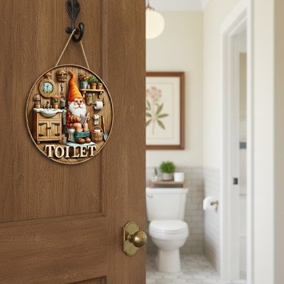  Plaque de porte WC en bois avec gnome miniature