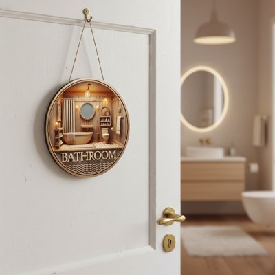 Plaque signalétique salle de bain effet bois avec design 2D