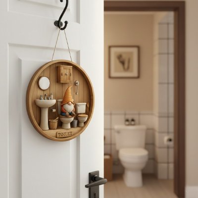 Plaque signalétique toilette en bois suspendue avec scène miniature 2D