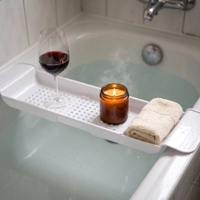 Plateau baignoire extensible blanc avec bougie et accessoires de bain
