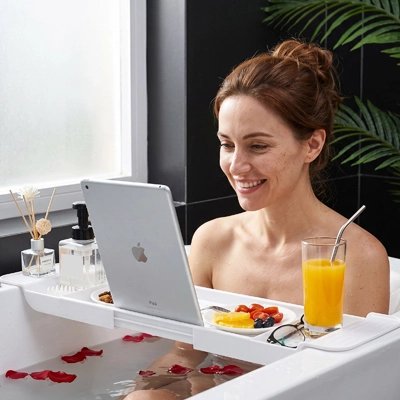 Plateau de baignoire avec support pour tablette et verre