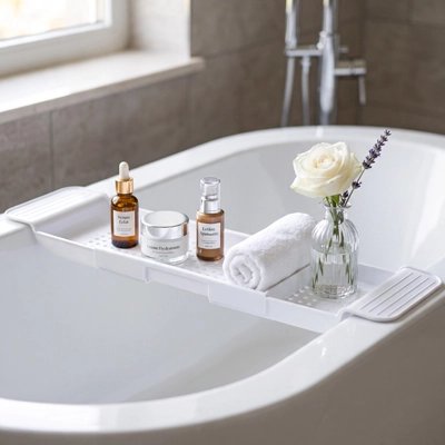 Plateau de baignoire extensible blanc avec produits de soin