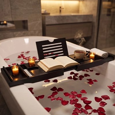 Plateau de baignoire extensible en bambou avec livre, bougies et accessoires
