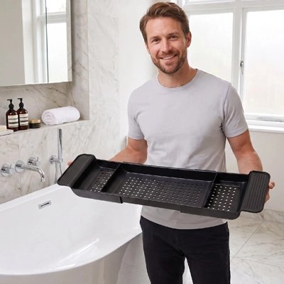 Plateau de baignoire noir avec espaces de rangement pratiques