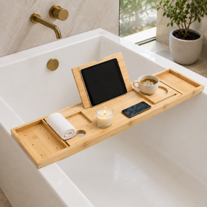 Plateau organisateur de baignoire en bambou clair avec tablette