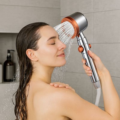 Pommeau de douche filtrant a finition métallisée élégante