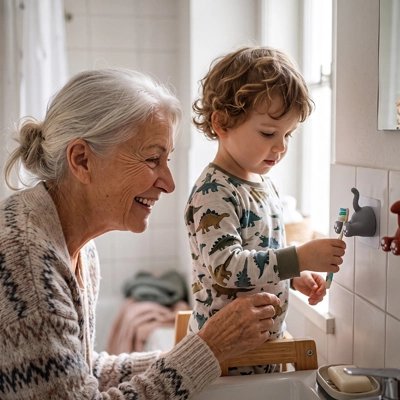 ​Porte-brosse à dents ludique utilisé par une grand-mère