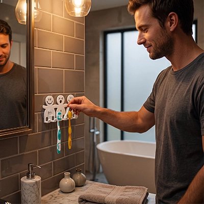 Porte-brosses à dents adhésif installé sur un mur
