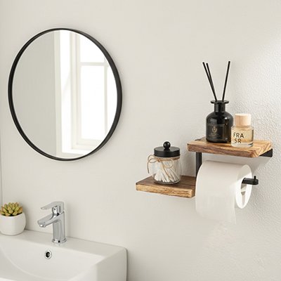 Porte papier toilette avec finition bois vieilli et structure métallique