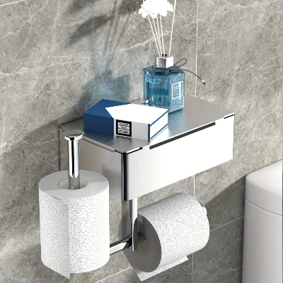 porte papier toilette avec rangement et tablette argent chromé