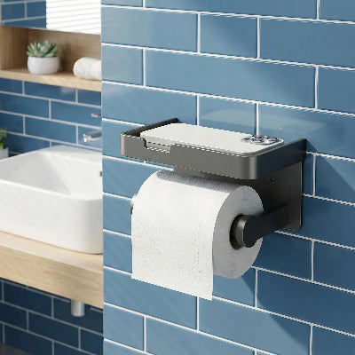porte-papier-toilette-couleur-argent-brossé-sur-mur-bleu
