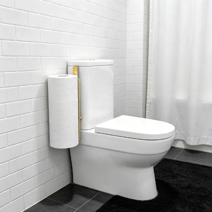 Porte-papier toilette doré avec rouleaux empilés, accroché au réservoir