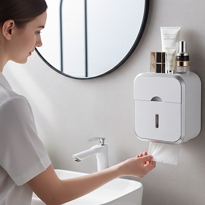 Porte papier toilette mural avec compartiment de rangement supérieur