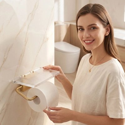 Porte-papier toilette mural doré avec tablette de rangement intégrée