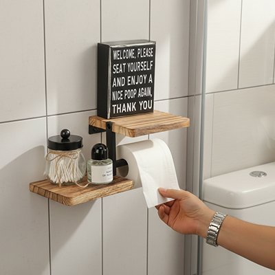 Porte papier toilette noir avec petite tablette en bois