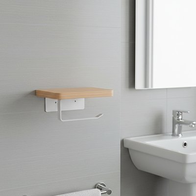 Porte papier toilette qui combine support pour rouleau et étagère