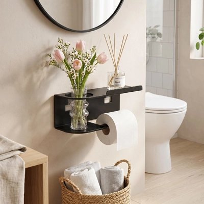 Porte-rouleau mural noir avec étagère décorée de fleurs