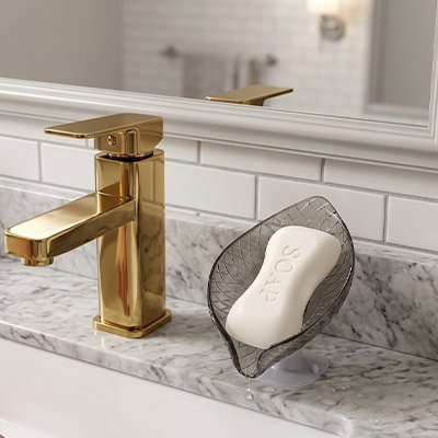 Porte savon a ventouse offert en bleu ou gris transparent