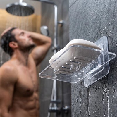 Porte-savon de douche transparent fixé au mur sans perçage