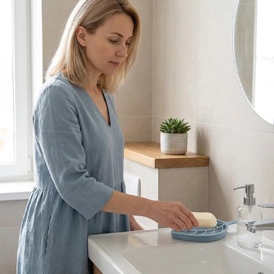 Porte-savon design feuille posé sur un lavabo